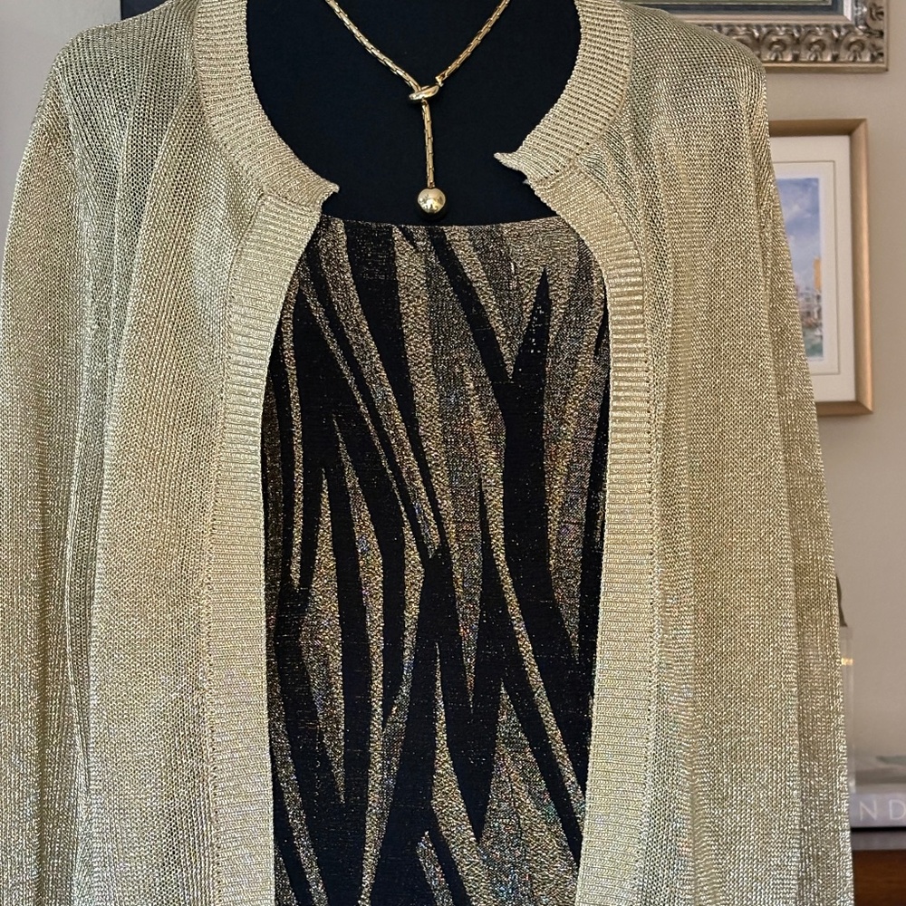 Lara Daisy Metallic Gold Open Cardigan — Sheer Lurex Knit — NWT Luxe Holiday Lay
